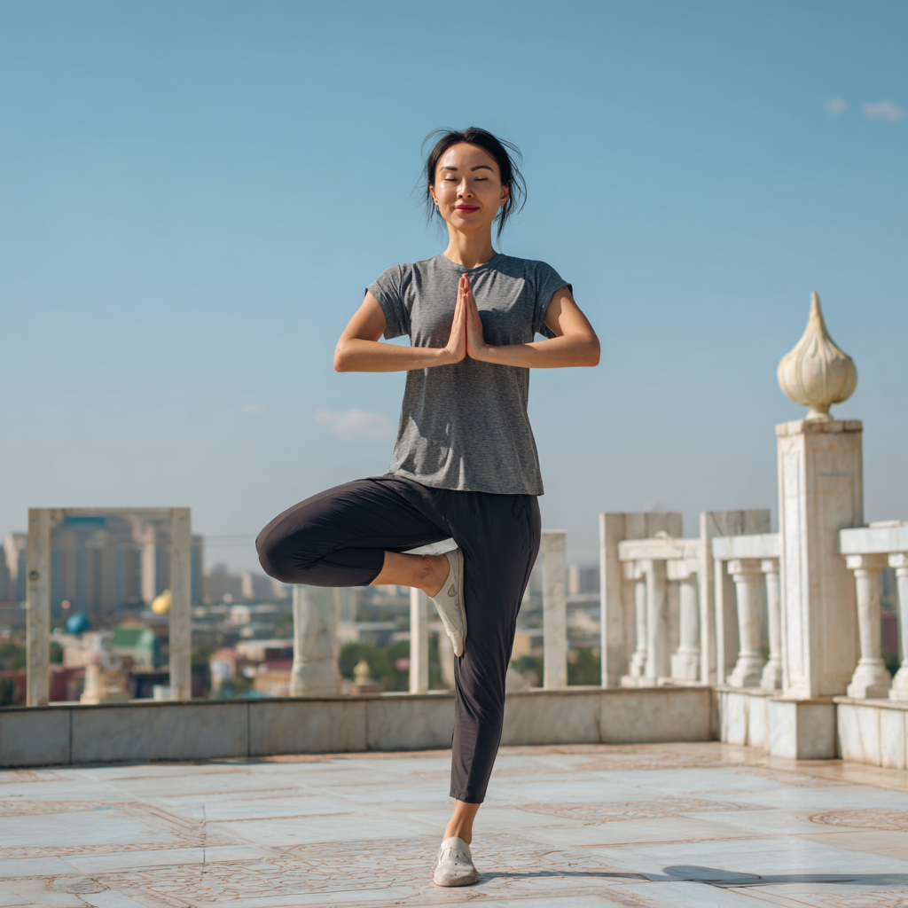 Smiling middle-aged Uzbek woman in comfortable yoga attire sitting in a peaceful cross-legged meditation pose outdoors with mountains in the background