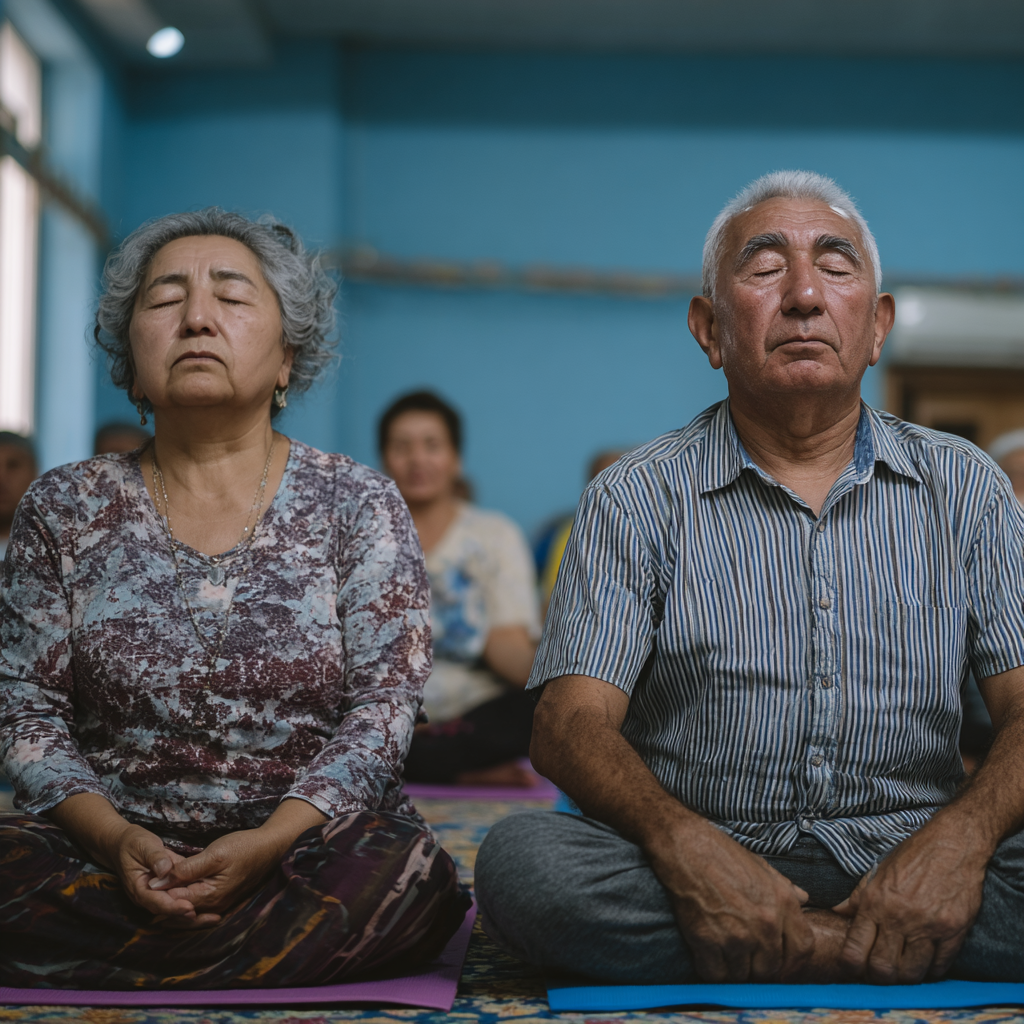 Diverse group of smiling Uzbek adults of various ages practicing gentle breathing exercises together in a bright, airy studio space
